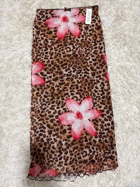 Derek Heart Brown Leopard Maxi Skirt with Pink Floral Accents